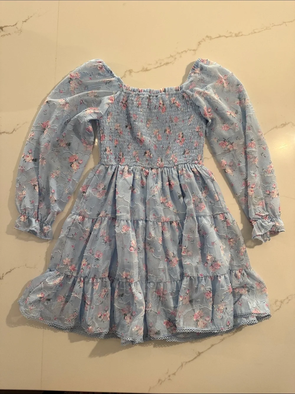 Rare Editions Light Blue Floral Tiered Long-Sleeve Dress